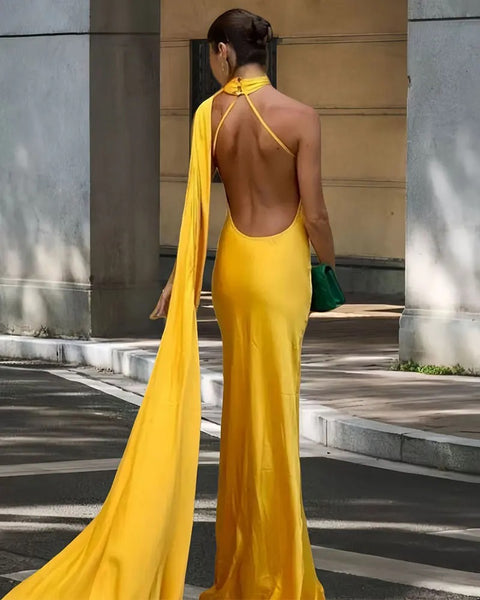 New Off Shoulder Satin Ribbon Halter Maxi Long Dress CODE: KAR4773