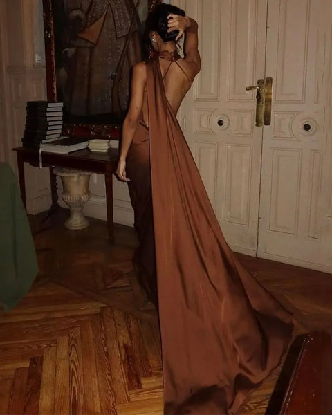 New Off Shoulder Satin Ribbon Halter Maxi Long Dress CODE: KAR4773