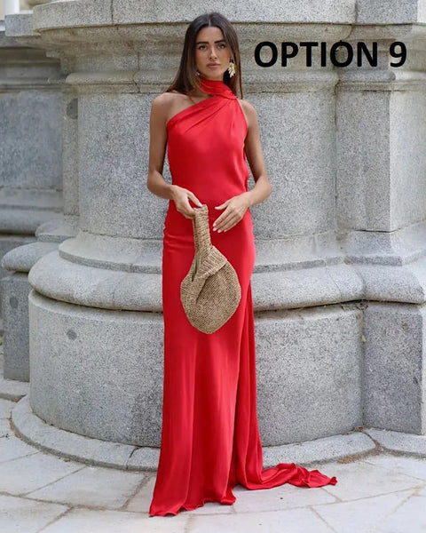 New Off Shoulder Satin Ribbon Halter Maxi Long Dress CODE: KAR4773