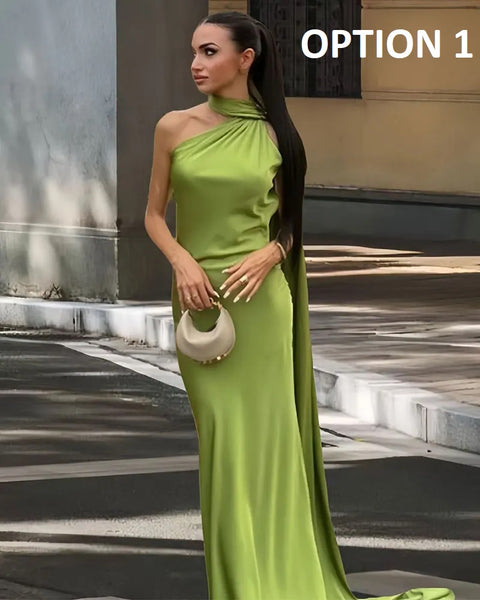 New Off Shoulder Satin Ribbon Halter Maxi Long Dress CODE: KAR4773