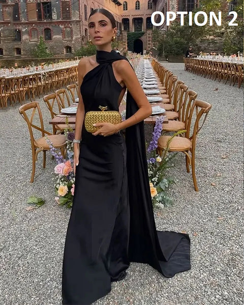 New Off Shoulder Satin Ribbon Halter Maxi Long Dress CODE: KAR4773