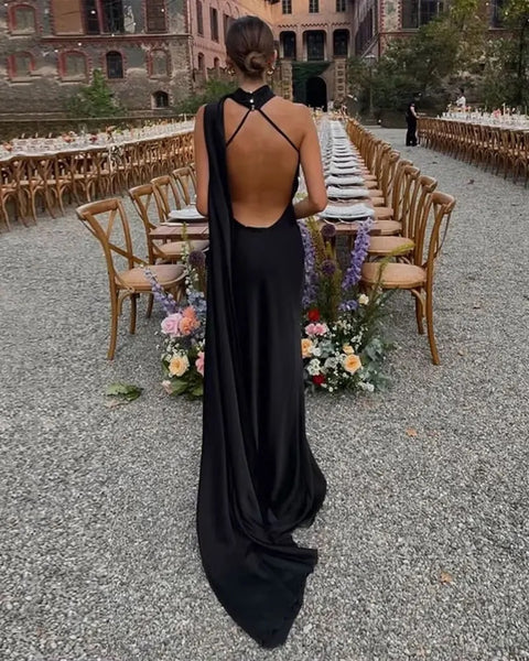 New Off Shoulder Satin Ribbon Halter Maxi Long Dress CODE: KAR4773