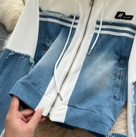 New Long Sleeve Hooded Patchwork 2 Piece Set CODE: KAR4789