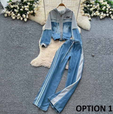 New Long Sleeve Hooded Patchwork 2 Piece Set CODE: KAR4789