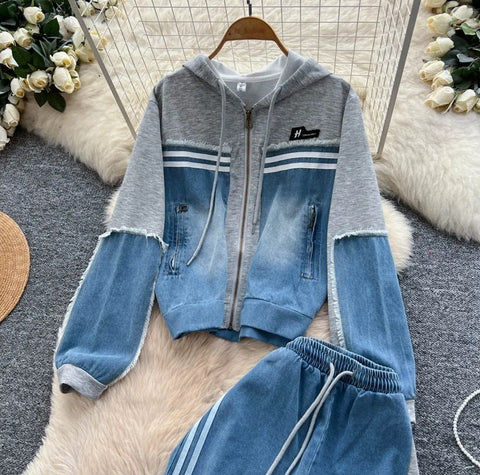 New Long Sleeve Hooded Patchwork 2 Piece Set CODE: KAR4789