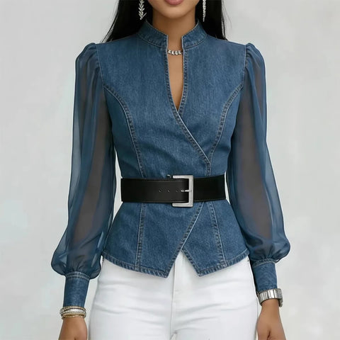 New Spring V-Neck Patchwork Sheer Sleeves Shirt Top CODE: KAR4794