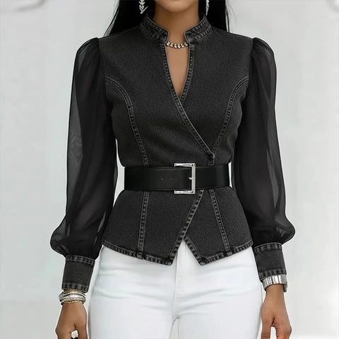 New Spring V-Neck Patchwork Sheer Sleeves Shirt Top CODE: KAR4794