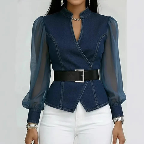 New Spring V-Neck Patchwork Sheer Sleeves Shirt Top CODE: KAR4794