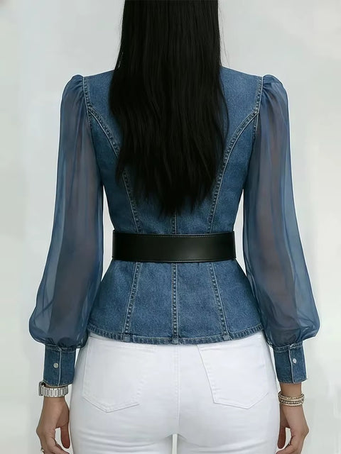 New Spring V-Neck Patchwork Sheer Sleeves Shirt Top CODE: KAR4794