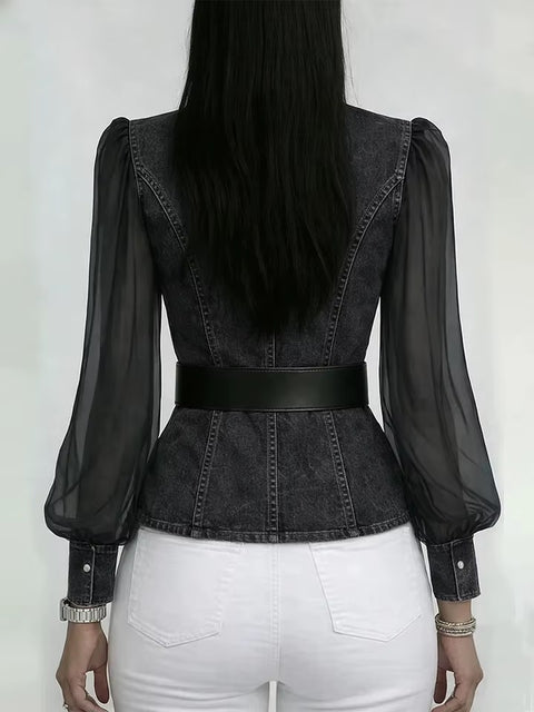 New Spring V-Neck Patchwork Sheer Sleeves Shirt Top CODE: KAR4794