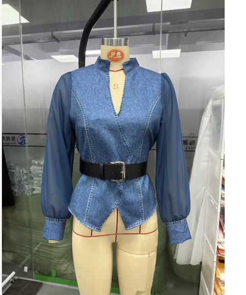 New Spring V-Neck Patchwork Sheer Sleeves Shirt Top CODE: KAR4794
