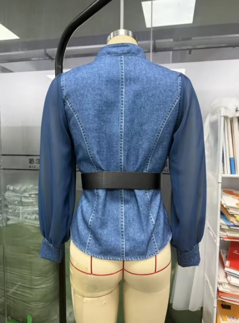 New Spring V-Neck Patchwork Sheer Sleeves Shirt Top CODE: KAR4794