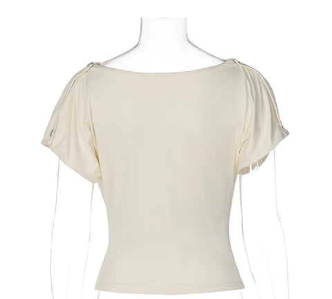 New One Shoulder Draped Ruched Waist Button Crop Top CODE: KAR4795