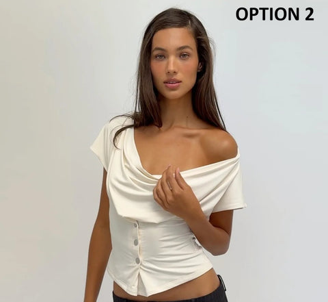 New One Shoulder Draped Ruched Waist Button Crop Top CODE: KAR4795