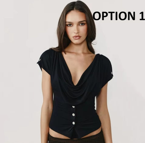 New One Shoulder Draped Ruched Waist Button Crop Top CODE: KAR4795