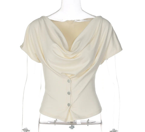 New One Shoulder Draped Ruched Waist Button Crop Top CODE: KAR4795