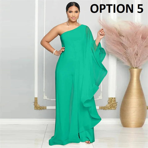 New Fashion Elegant Chiffon One Shoulder Wide Leg Jumpsuit CODE: KAR4797