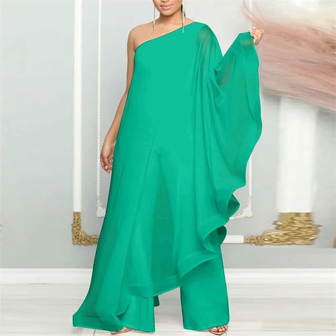 New Fashion Elegant Chiffon One Shoulder Wide Leg Jumpsuit CODE: KAR4797
