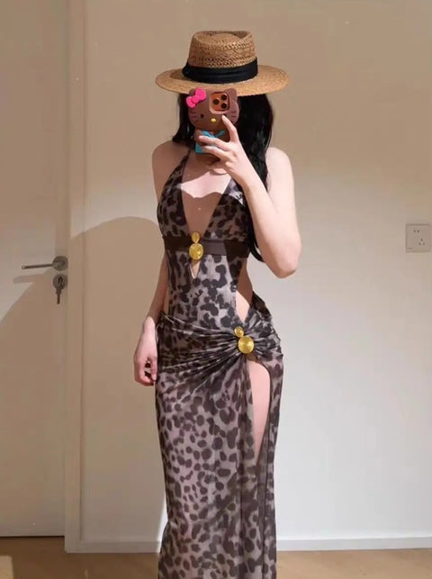 New Leopard Print Waist Cutout Long Maxi Dress CODE: KAR4801
