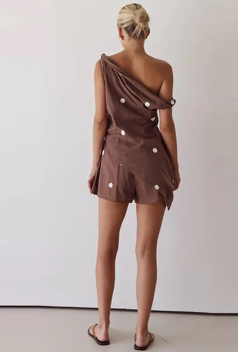 New Printed Oblique Shoulder Top Shorts 2 Pieces Set CODE: KAR4802