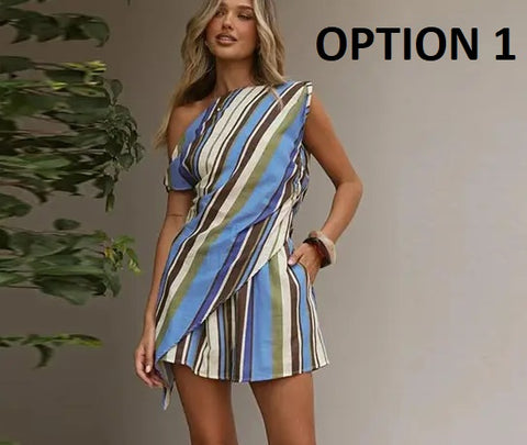 New Printed Oblique Shoulder Top Shorts 2 Pieces Set CODE: KAR4802