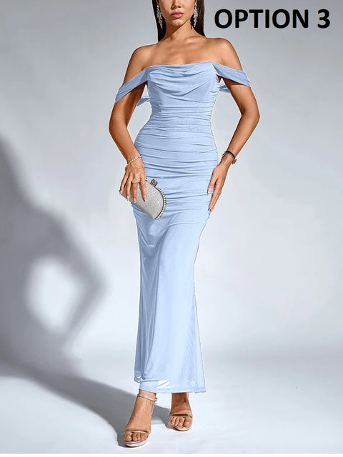 New Off Shoulder Ruched Mesh Long Corset Dress CODE: KAR4811