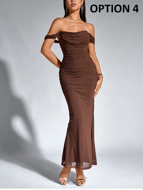 New Off Shoulder Ruched Mesh Long Corset Dress CODE: KAR4811