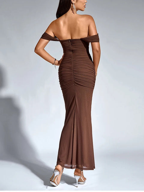 New Off Shoulder Ruched Mesh Long Corset Dress CODE: KAR4811