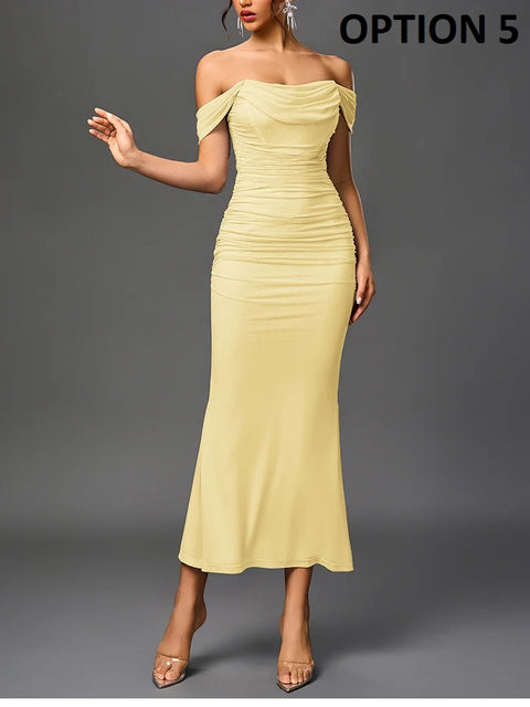 New Off Shoulder Ruched Mesh Long Corset Dress CODE: KAR4811