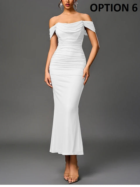 New Off Shoulder Ruched Mesh Long Corset Dress CODE: KAR4811