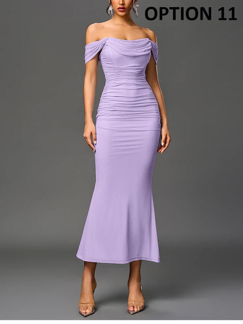 New Off Shoulder Ruched Mesh Long Corset Dress CODE: KAR4811