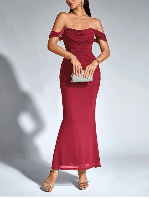 New Off Shoulder Ruched Mesh Long Corset Dress CODE: KAR4811