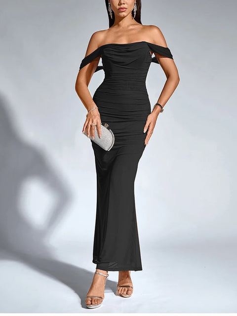 New Off Shoulder Ruched Mesh Long Corset Dress CODE: KAR4811