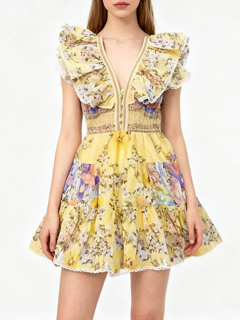 New Fashion Slimming Printing Spliced Ruffles Folds Elegant Dresses CODE: KAR4818