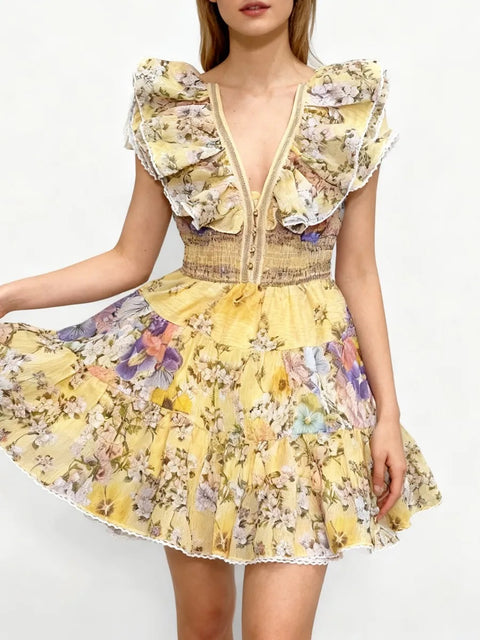 New Fashion Slimming Printing Spliced Ruffles Folds Elegant Dresses CODE: KAR4818