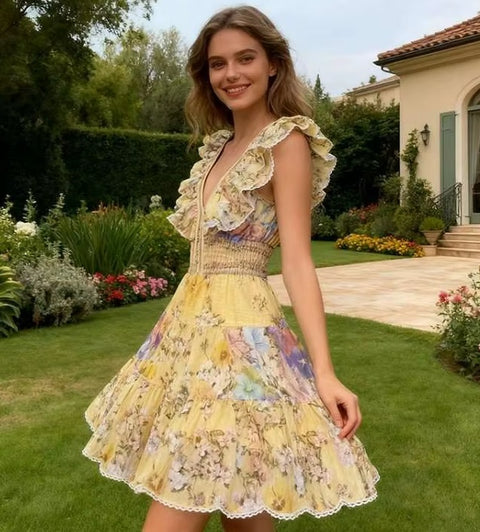New Fashion Slimming Printing Spliced Ruffles Folds Elegant Dresses CODE: KAR4818