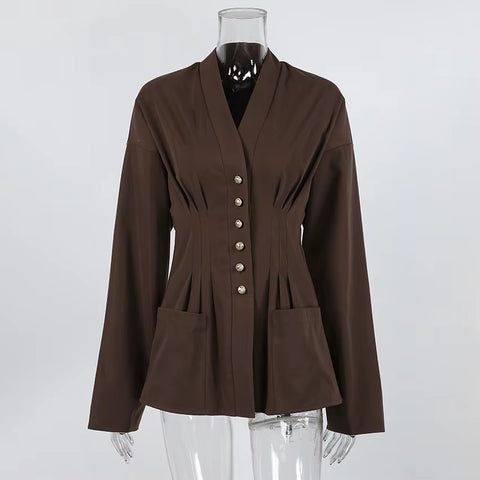 New V Neck Waist Long Flare Sleeve Front Button Blazer Jacket  CODE: KAR4831
