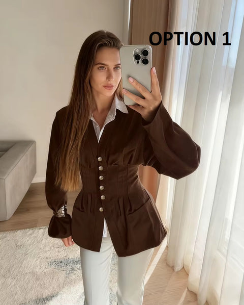 New V Neck Waist Long Flare Sleeve Front Button Blazer Jacket  CODE: KAR4831