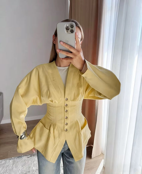 New V Neck Waist Long Flare Sleeve Front Button Blazer Jacket  CODE: KAR4831