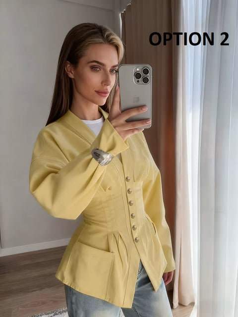 New V Neck Waist Long Flare Sleeve Front Button Blazer Jacket  CODE: KAR4831