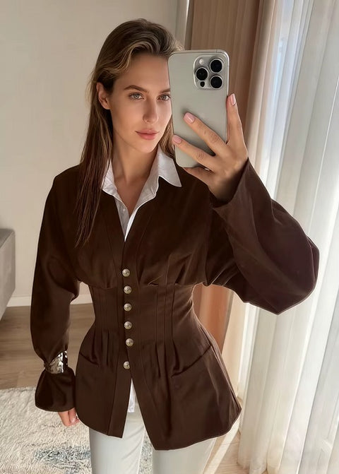 New V Neck Waist Long Flare Sleeve Front Button Blazer Jacket  CODE: KAR4831