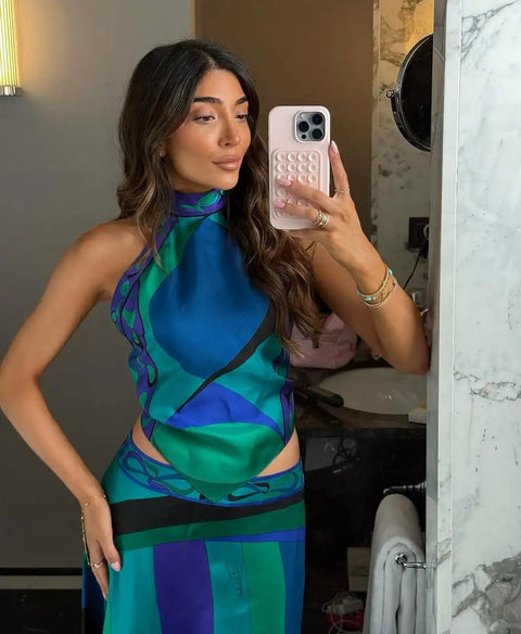 New Fashion Halter Neck Lace-up Tank Top Asymmetric Midi Skirt 2 Pieces Set CODE: KAR4837