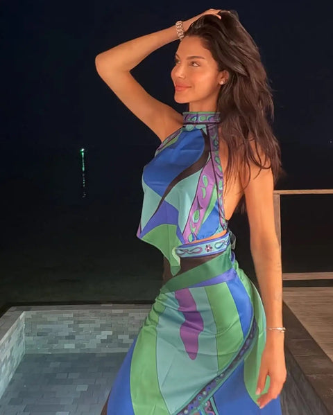 New Fashion Halter Neck Lace-up Tank Top Asymmetric Midi Skirt 2 Pieces Set CODE: KAR4837
