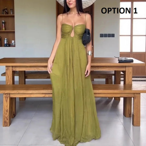 New Sexy Hollow Out Strap Pleated Long Dress CODE: KAR4838
