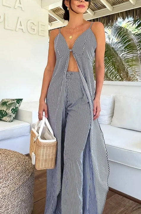 New Fashionable Striped Print V-neck Long Top/loose Wide-leg Pant Set CODE: KAR4839