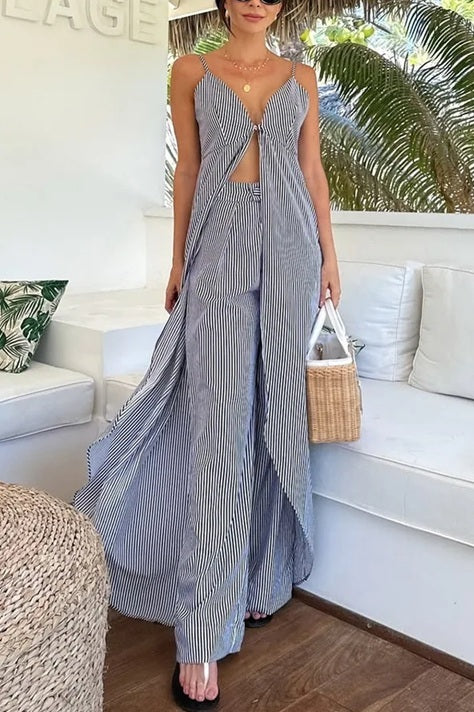 New Fashionable Striped Print V-neck Long Top/loose Wide-leg Pant Set CODE: KAR4839