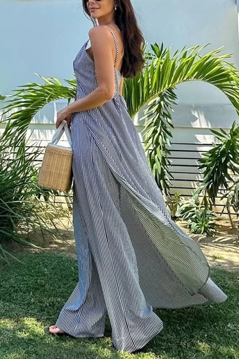 New Fashionable Striped Print V-neck Long Top/loose Wide-leg Pant Set CODE: KAR4839