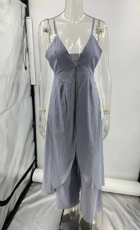 New Fashionable Striped Print V-neck Long Top/loose Wide-leg Pant Set CODE: KAR4839