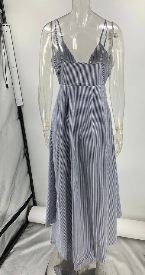 New Fashionable Striped Print V-neck Long Top/loose Wide-leg Pant Set CODE: KAR4839