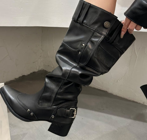 New Belt Strap Knee High Square Heel Boots CODE: KAR4855